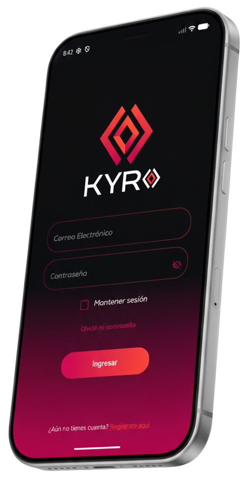 App Kyro en dispositivo móvil izquierdo